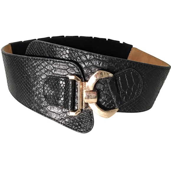 Accessories - Corset Belt Stretch Asymmetrical Black Snakeskin Look with Gold Hardware